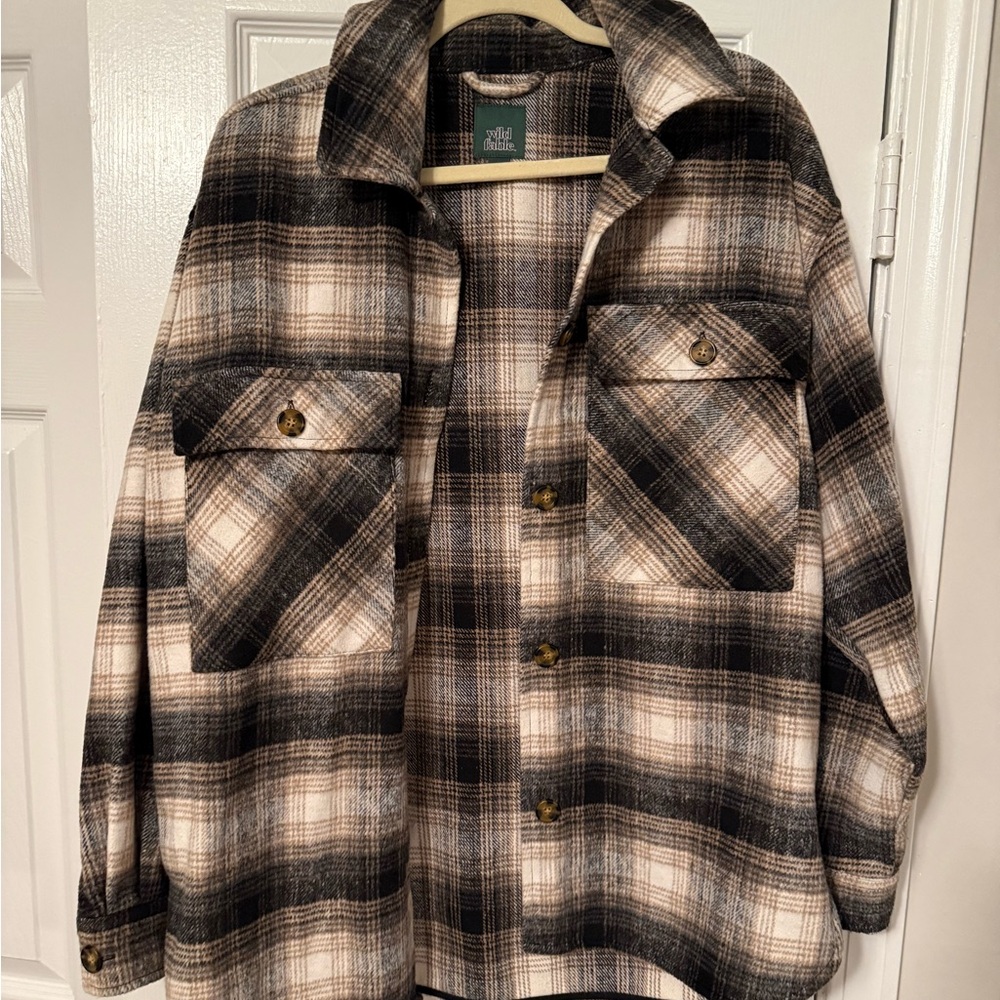 Wild Fable Plaid Shirt Jacket - Black and Cream